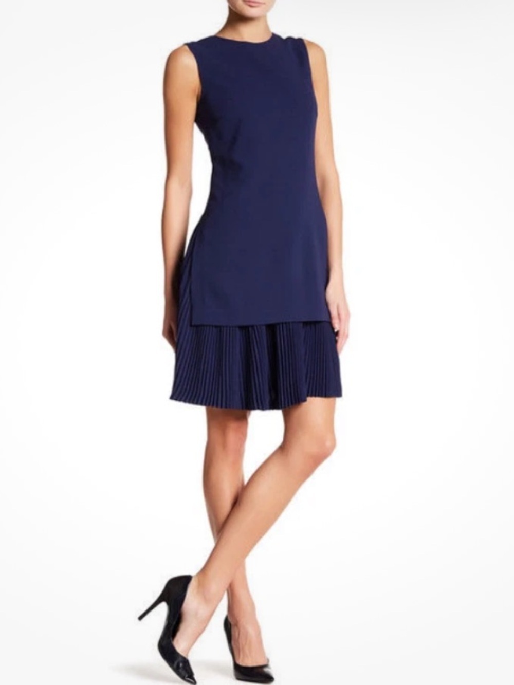 EUC Theory Navy Sleeveless Dress with Fully Pleated Hem Overlay Tunic Classy